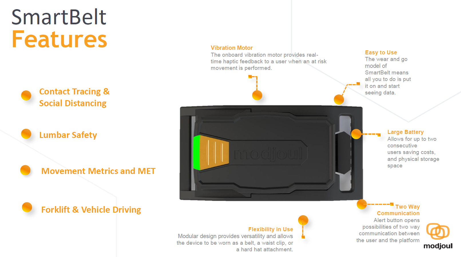 Product details of the Modjoul SmartBelt. A white background. Black and orange text in the top left corner saying SmartBelt Features. Four orange bullet points along left side of image with orange text that says Contact Tracing & Social Distancing; Lumbar Safety; Movement Metrics and MET; Forklift & Vehicle Driving. A close-up image of the black SmartBelt electronic box with an orange sensor on the left side and text reading 'modjoul' engraved in the middle on the center-right side of the image, with five orange dotted lines ending in big orange circles on one end at the SmartBelt and black and orange text on the other end of the dotted lines. In a clockwise order, the text of the dotted lines reads Vibration Motor: The onboard vibration motor provides real-time haptic feedback to a user when an at risk movement is performed; Easy to Use: The wear and go model of SmartBelt means all you do is put it on and start seeing data; Large Battery: Allows for up to two consecutive users saving costs, and physical storage space; Two Way Communication: Alert button opens possibilities of two way communication between the user and the platform; Flexibility in Use: Modular design provides versatility and allows the device to be worn as a belt, a waist clip, or a hard hat attachment.